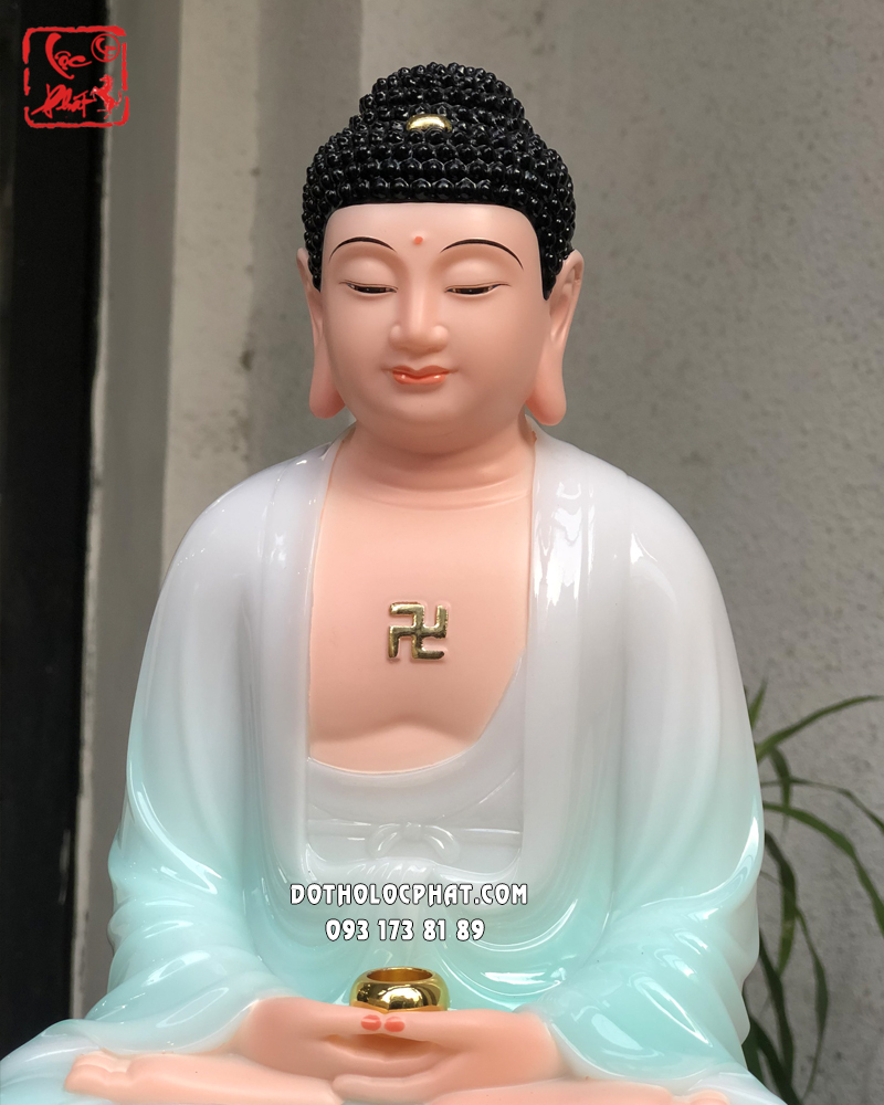 Tượng Phật A Di Đà xanh ngọc đế sen trắng bằng đá đẹp