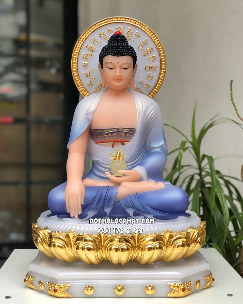 Tượng Phật Dược Sư ngồi tòa sen vàng bằng bột đá y áo màu khoáng xanh đẹp