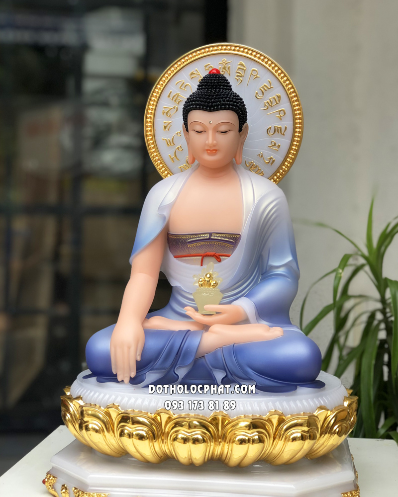 Tượng Phật Dược Sư ngồi tòa sen vàng bằng bột đá y áo màu khoáng xanh đẹp