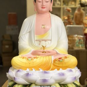 Tượng Phật Dược Sư Poly áo vàng đế tròn diện đẹp, từ bi, trang nghiêm