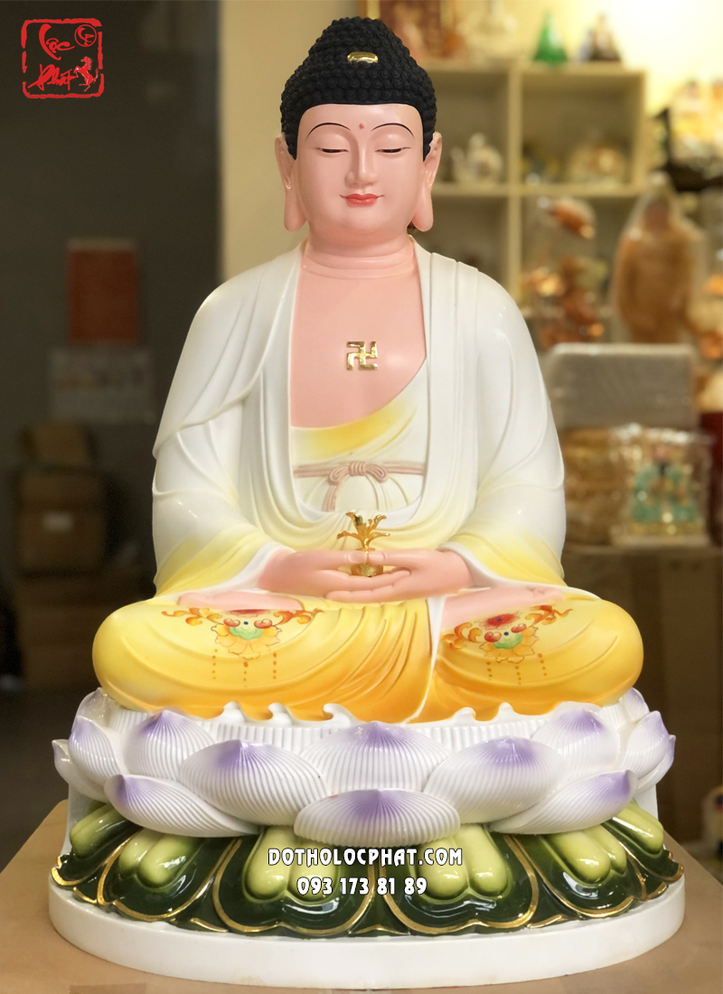 Tượng Phật Dược Sư Poly áo vàng đế tròn diện đẹp, từ bi, trang nghiêm