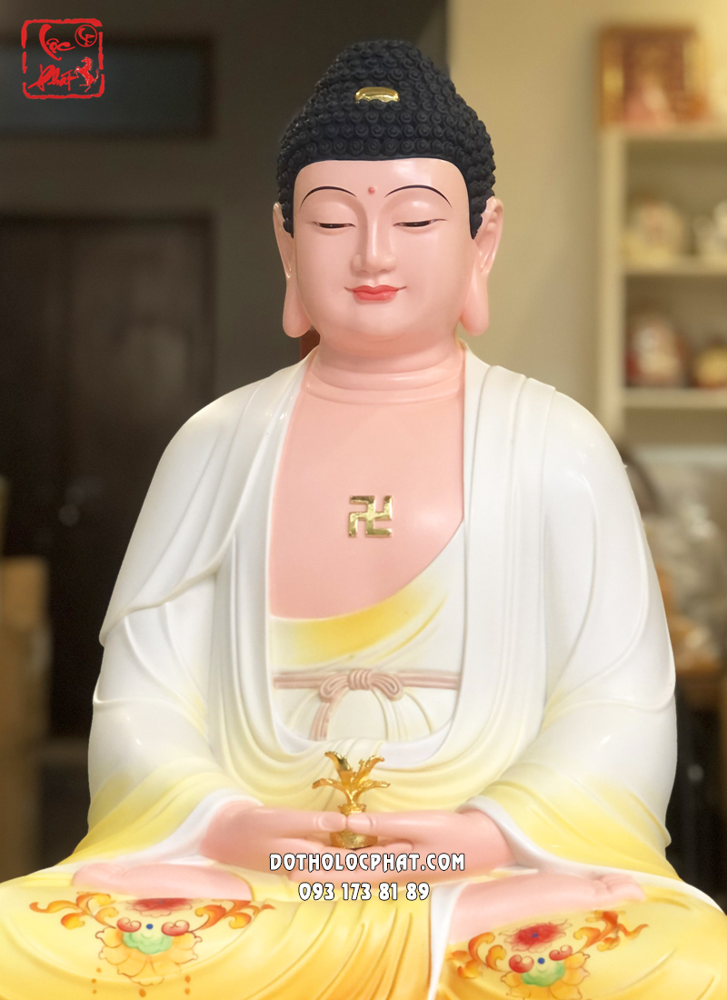 Tượng Phật Dược Sư Poly áo vàng đế tròn diện đẹp