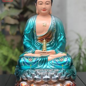 Tượng Phật Dược Sư xanh áo rũ ngồi đài sen được làm từ composite đẹp