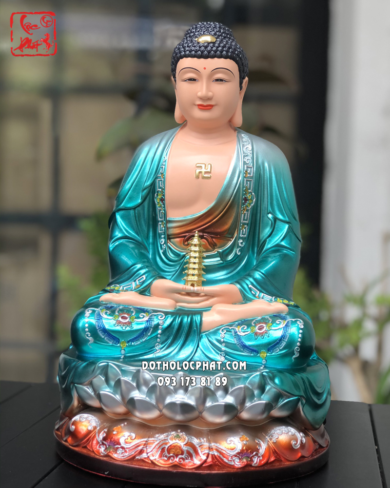 Tượng Phật Dược Sư xanh áo rũ ngồi đài sen được làm từ composite đẹp