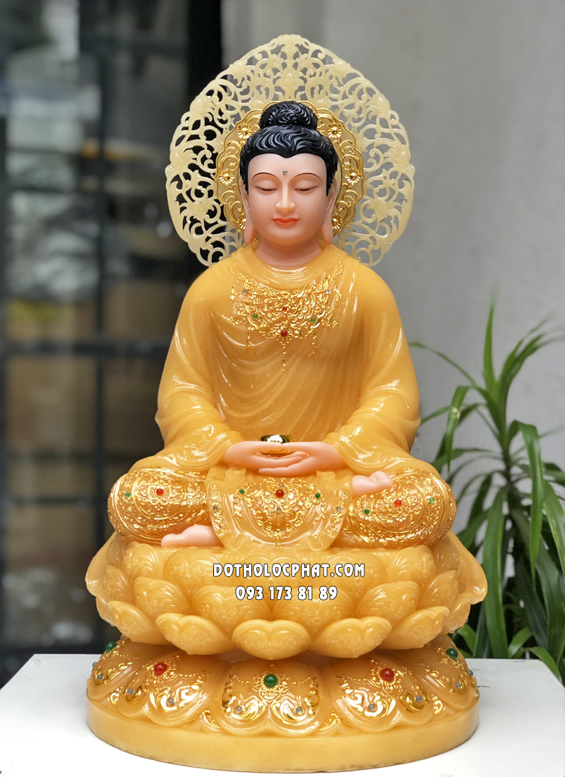 Tượng Phật Thích Ca Mâu Ni tĩnh tại thạch anh hào quang lá đề đẹp