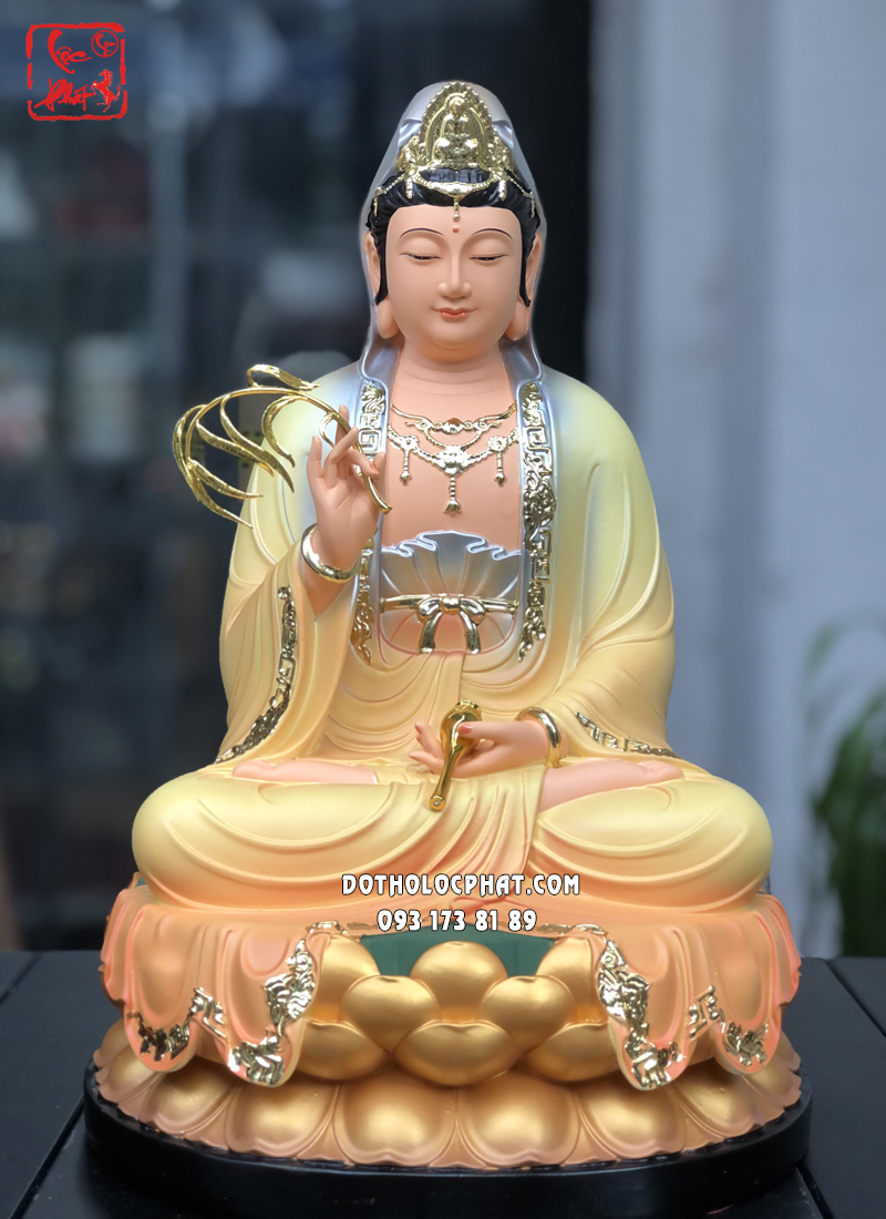 Tượng Quan Âm Bồ Tát bằng composite áo rũ màu vàng ngồi đài sen đẹp