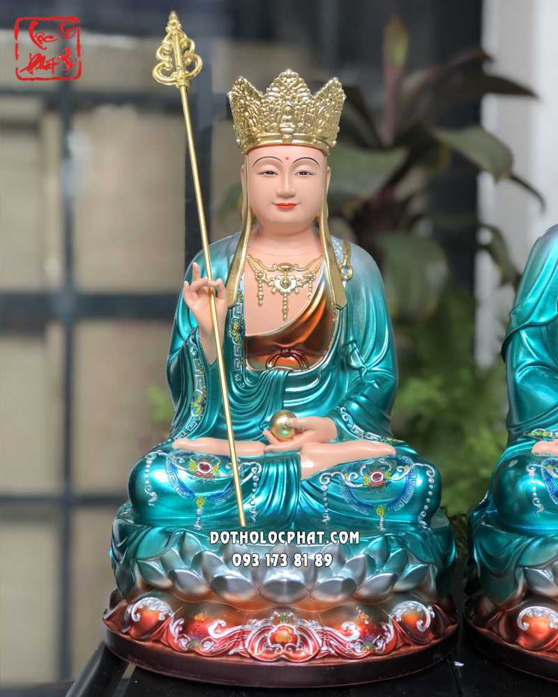 Tượng Ta Bà Tam Thánh xanh ngồi đài sen đế rũ bằng composite 