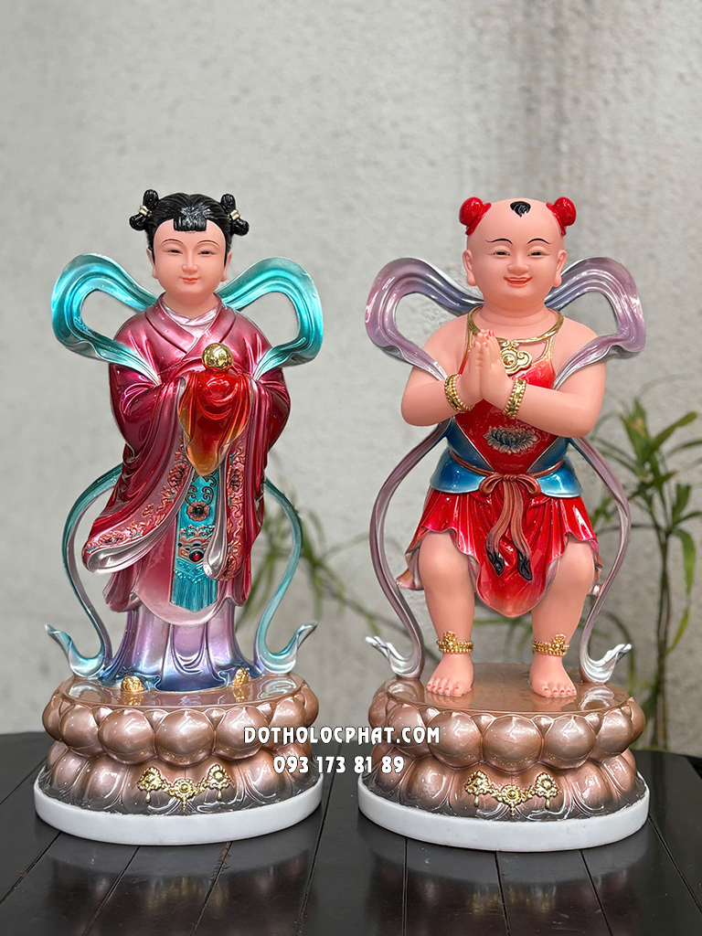 Tượng Tiên Đồng Ngọc Nữ Gấm Đỏ Đế Sen Tròn TDNN-010