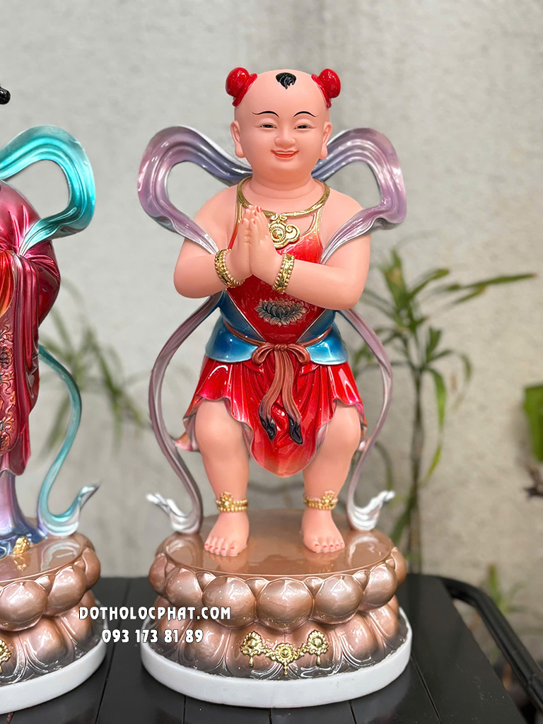 Tượng Tiên Đồng Ngọc Nữ Gấm Đỏ Đế Sen Tròn TDNN-010