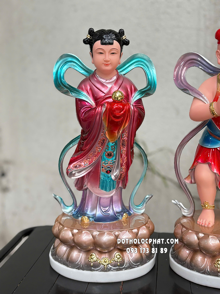 Tượng Tiên Đồng Ngọc Nữ Gấm Đỏ Đế Sen Tròn TDNN-010