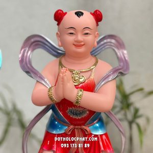 Tượng Tiên Đồng Ngọc Nữ Gấm Đỏ Đế Sen Tròn TDNN-010