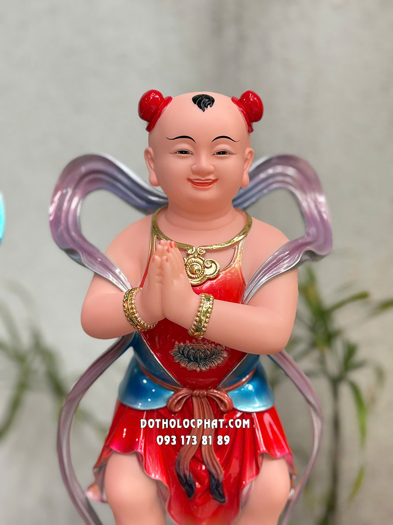 Tượng Tiên Đồng Ngọc Nữ Gấm Đỏ Đế Sen Tròn TDNN-010