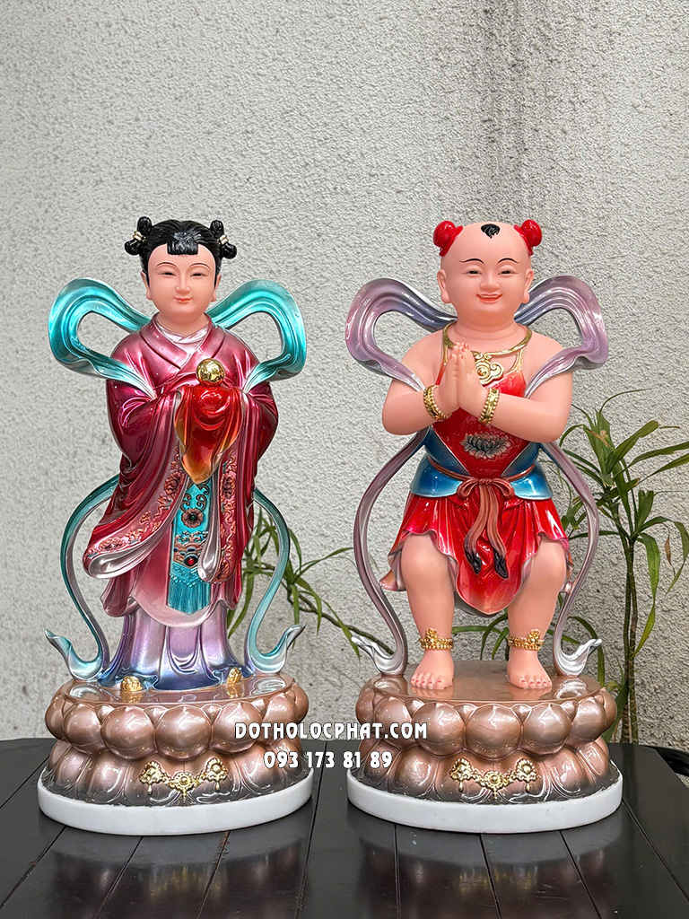 Tượng Tiên Đồng Ngọc Nữ Gấm Đỏ Đế Sen Tròn TDNN-010