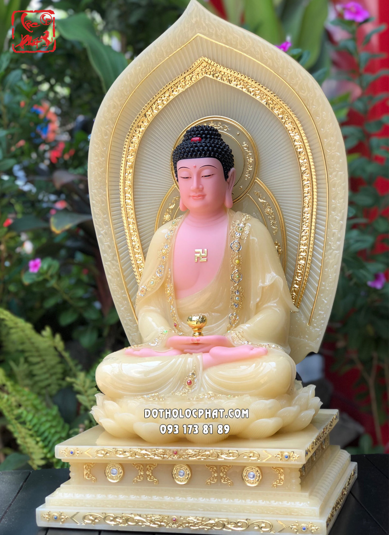 Tượng Phật A Di Đà ngồi đài sen đế vuông hào quang lá đề