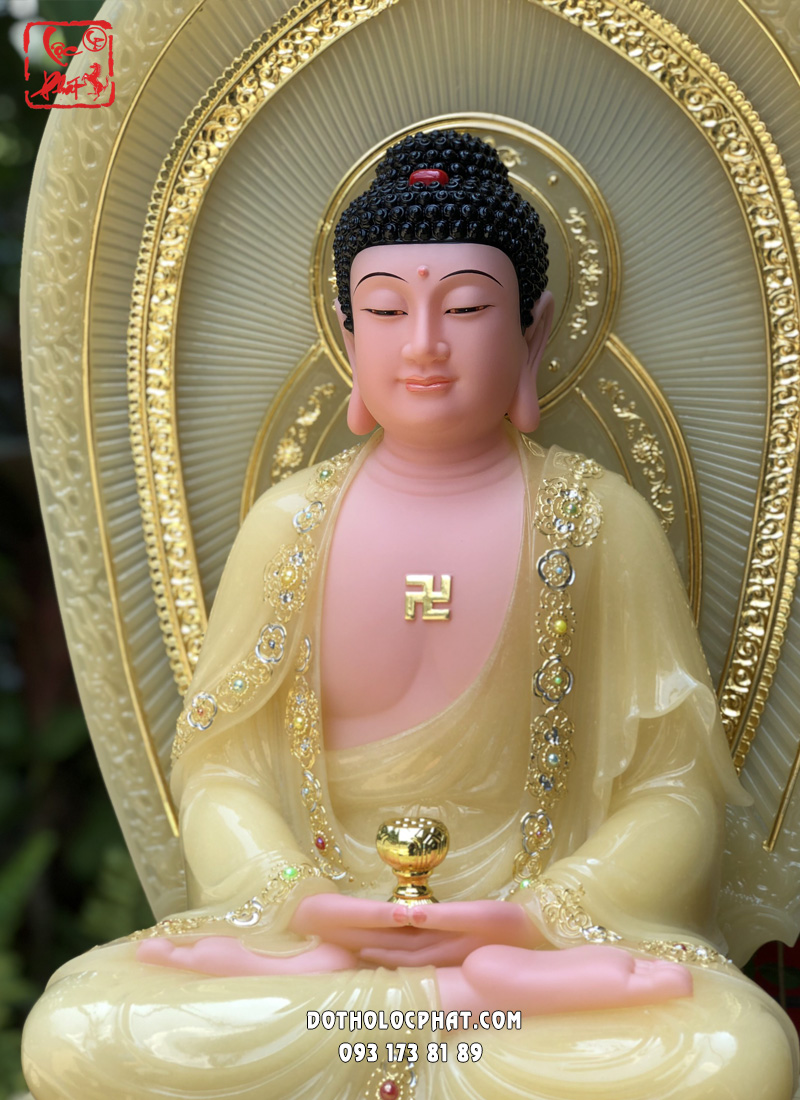 Tượng Phật A Di Đà ngồi đài sen đế vuông hào quang lá đề