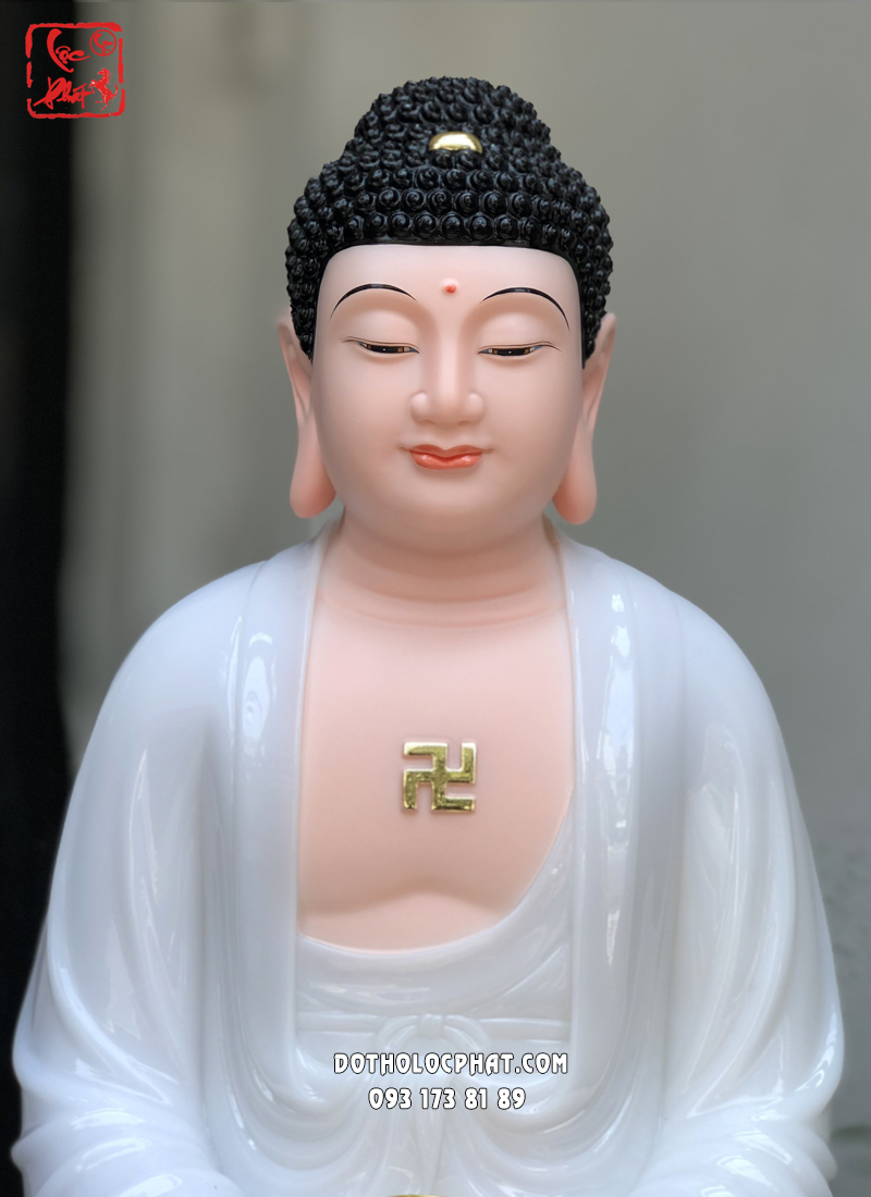 Tượng Phật A Di Đà ngồi đài sen bằng bột đá áo trắng đẹp
