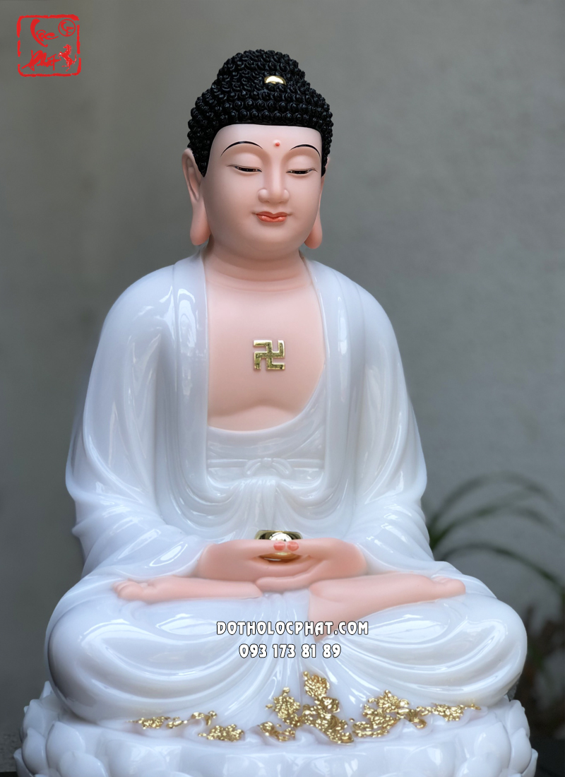 Tượng Phật A Di Đà ngồi đài sen bằng bột đá áo trắng đẹp