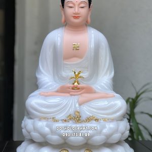 Tượng Phật Dược Sư trắng đế sen viền vàng diện đẹp trang nghiêm