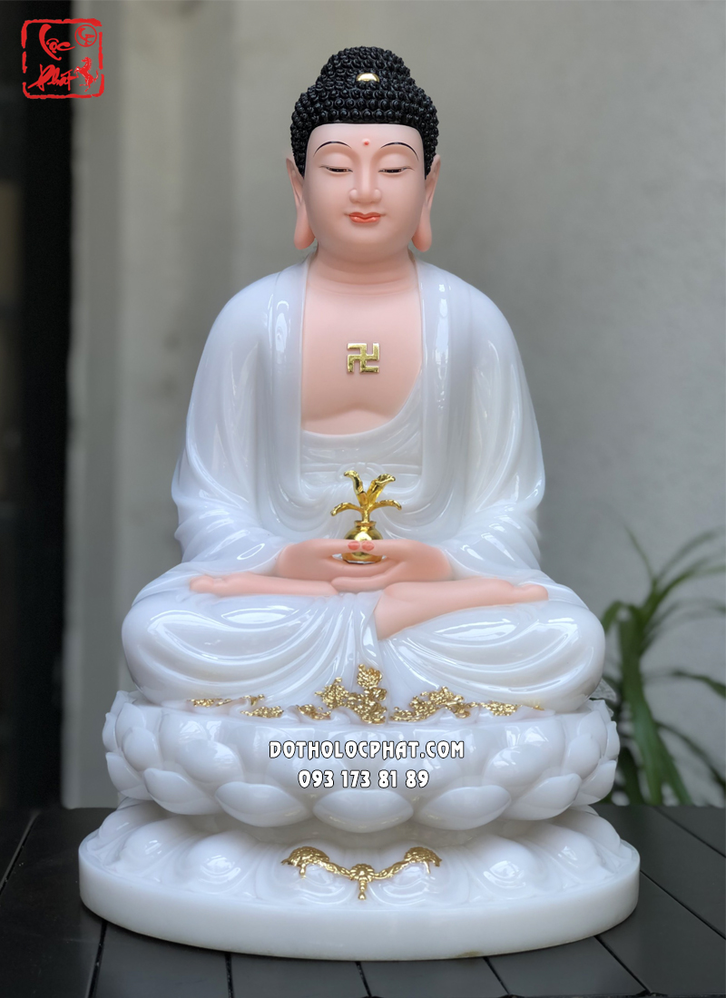 Tượng Phật Dược Sư trắng đế sen viền vàng diện đẹp trang nghiêm