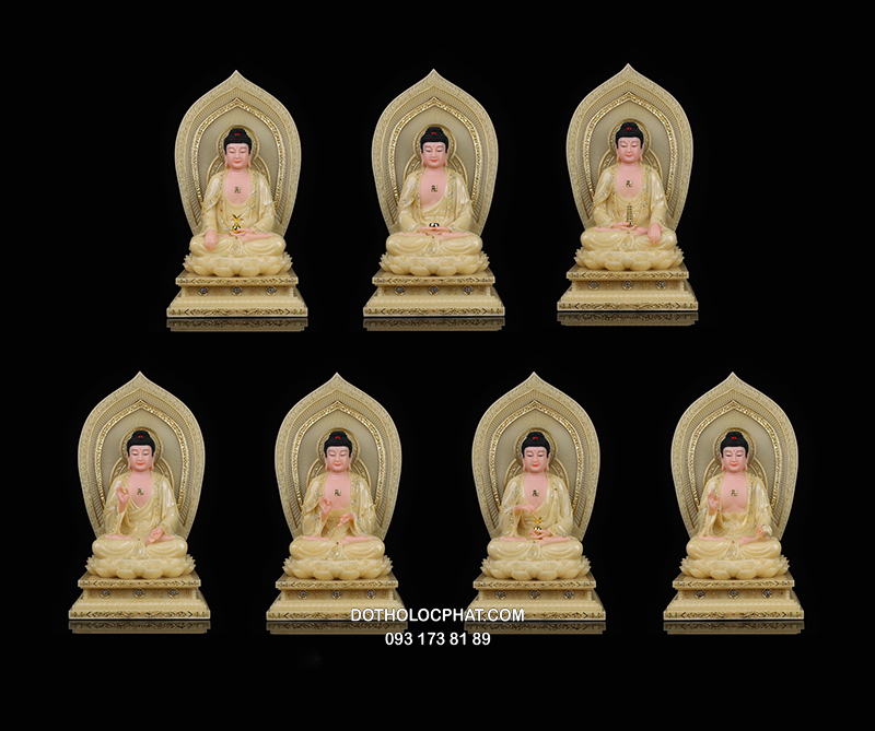 Tượng Thất Phật Dược Sư Thạch Anh Vàng Hào Quang Lá Đề DS-059