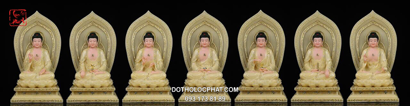 Tượng Thất Phật Dược Sư Thạch Anh Vàng Hào Quang Lá Đề DS-059