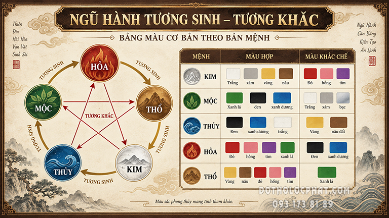 Màu sắc có mối liên hệ với năm yếu tố Kim, Mộc, Thủy, Hỏa và Thổ