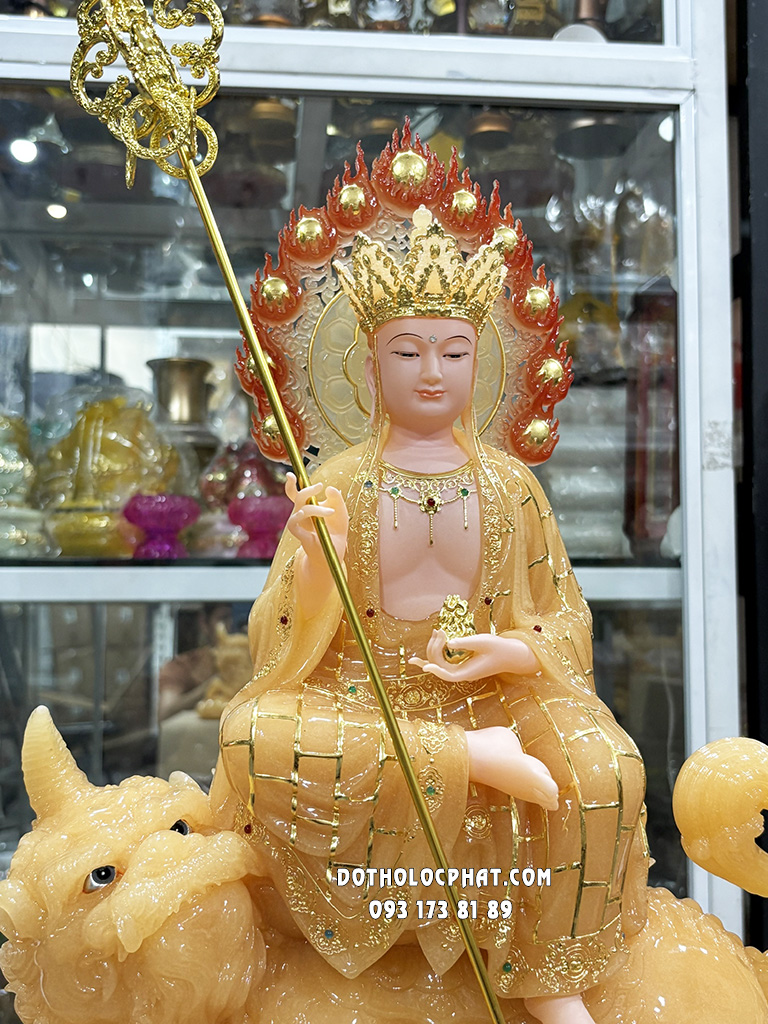 Tượng Địa Tạng Cưỡi Đề Thính Thạch Anh Áo Cà Sa Vàng DT-050