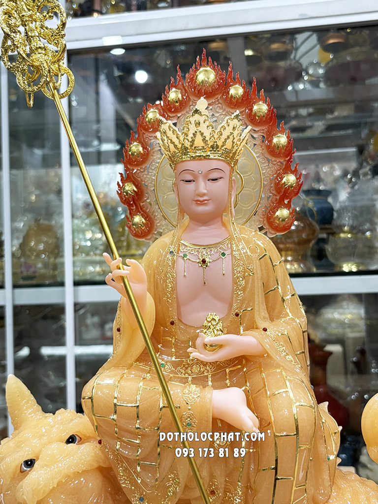 Tượng Địa Tạng Cưỡi Đề Thính Thạch Anh Áo Cà Sa Vàng DT-050