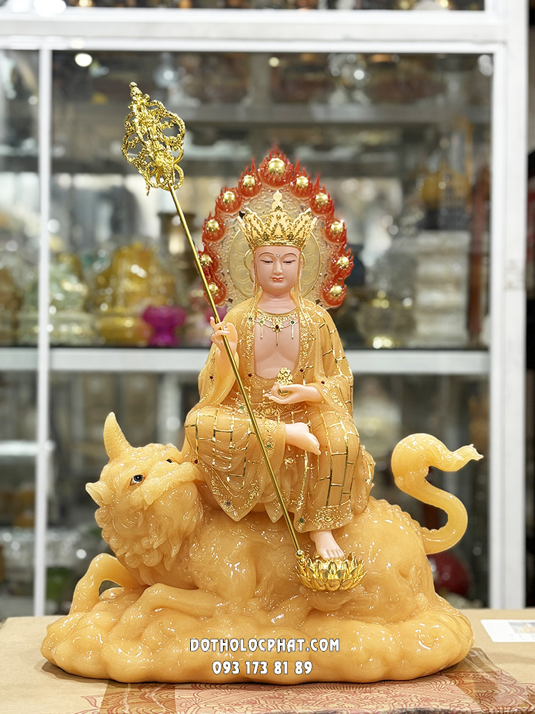 Tượng Địa Tạng Cưỡi Đề Thính Thạch Anh Áo Cà Sa Vàng DT-050