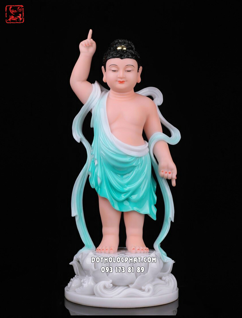 Tượng Phật Đản Sanh xanh ngọc đế sen sóng nước bằng bột đá