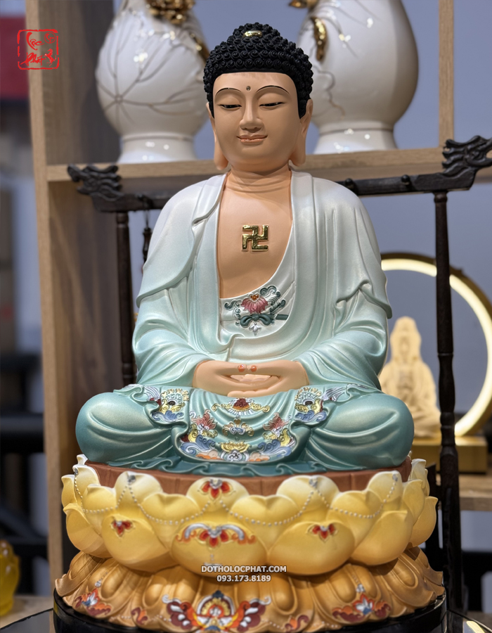 tượng Phật Dược Sư xanh vẽ gấm bằng composite đẹp