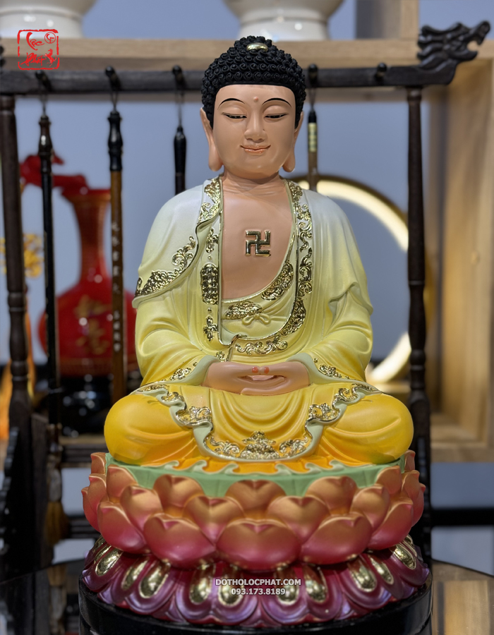 Tượng Phật Dược Sư y áo vàng ngồi tọa đài sen đỏ bằng composite