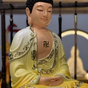 Tượng Phật Dược Sư y áo vàng ngồi tọa đài sen đỏ bằng composite