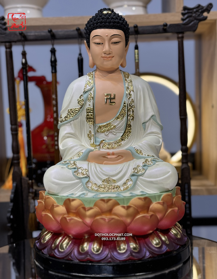 tượng Phật Dược Sư Áo Trắng Viền Vàng bằng composite