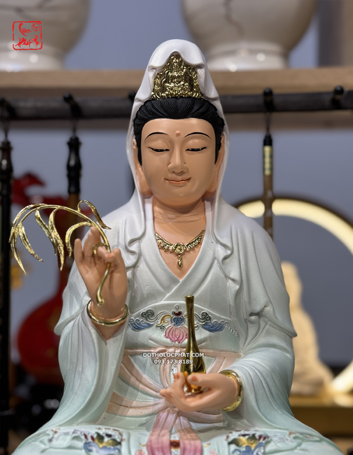 tượng Phật Quan Âm Bồ Tát xanh gấm bằng composite đẹp