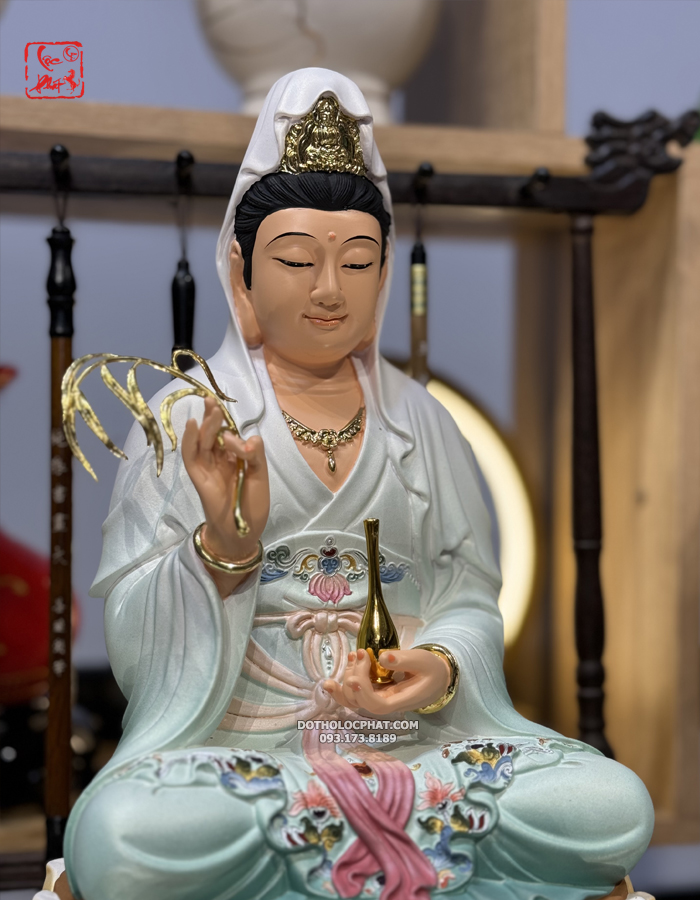 tượng Phật Quan Âm Bồ Tát xanh gấm bằng composite đẹp