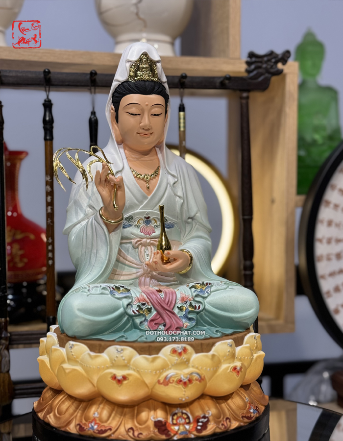 tượng Phật Quan Âm Bồ Tát xanh gấm bằng composite đẹp