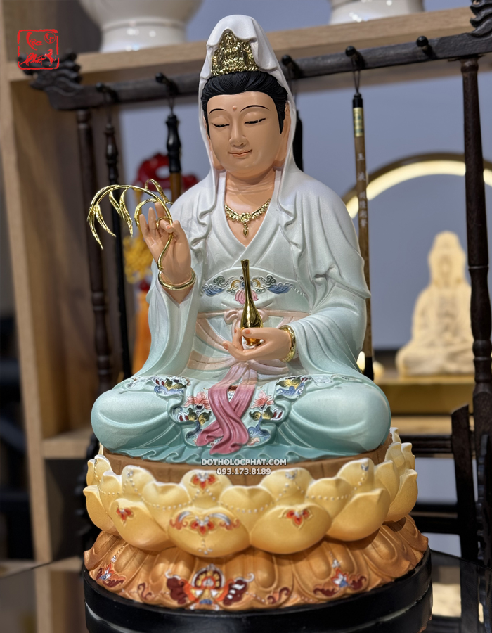 tượng Phật Quan Âm Bồ Tát xanh gấm bằng composite đẹp