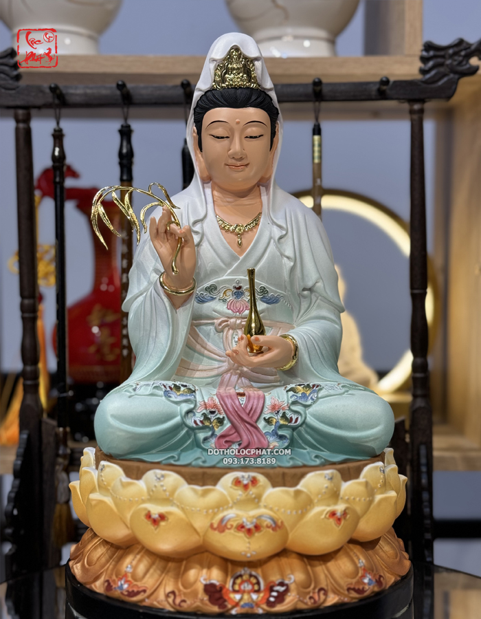 tượng Phật Quan Âm Bồ Tát xanh gấm bằng composite đẹp