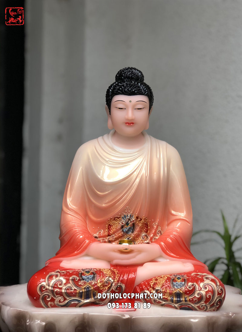 Tượng Phật Thích Ca áo hoa sơn màu đỏ ngồi bệ đá