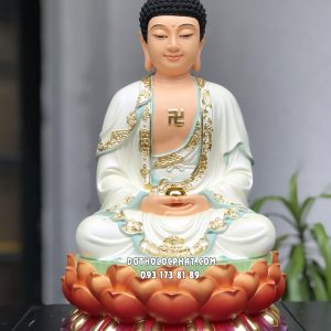 Tượng Phật A Di Đà áo trắng viền vàng đế sen đỏ
