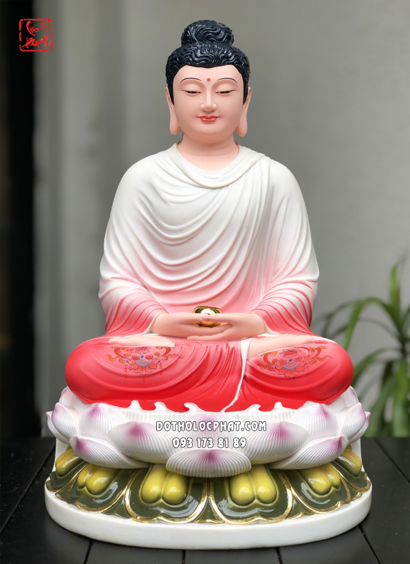 Tượng Phật Bổn Sư Thích Ca Mâu Ni tĩnh tâm áo hồng ngồi đài sen 