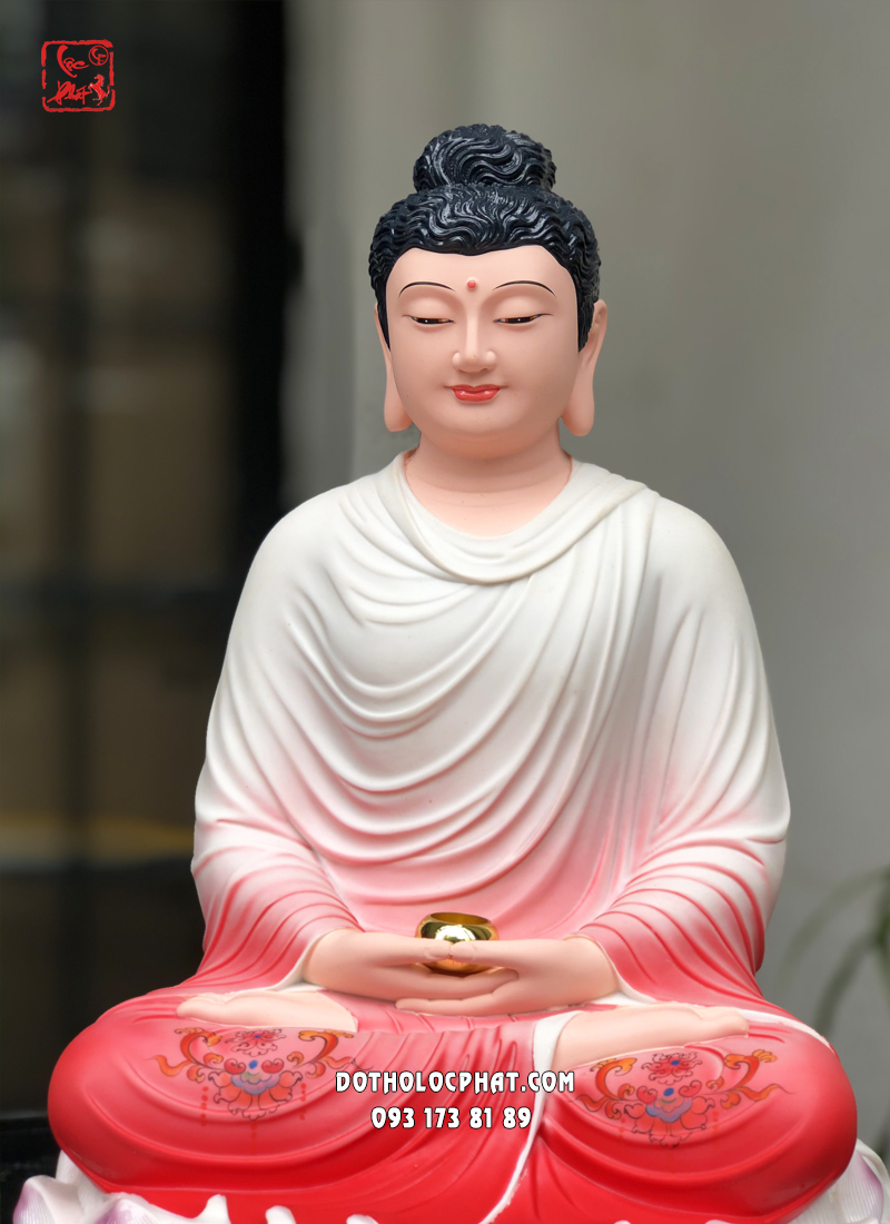 Tượng Phật Bổn Sư Thích Ca Mâu Ni tĩnh tâm áo hồng ngồi đài sen