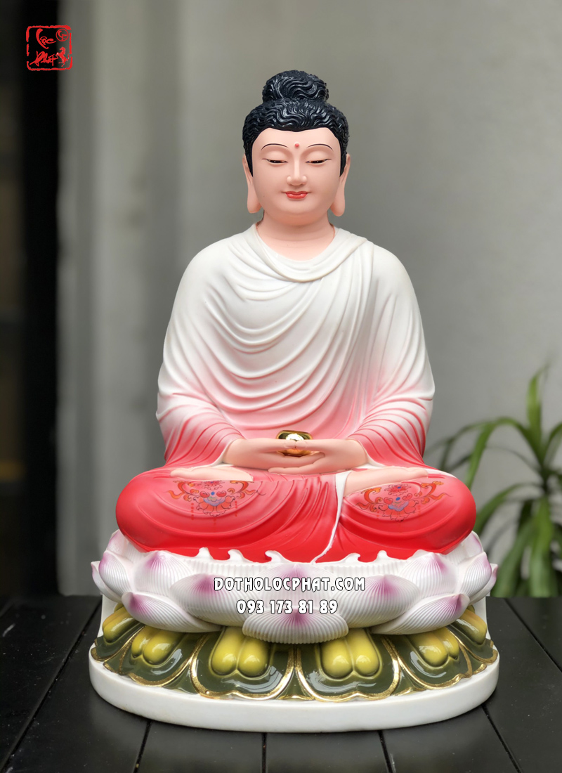Tượng Phật Bổn Sư Thích Ca Mâu Ni tĩnh tâm áo hồng ngồi đài sen