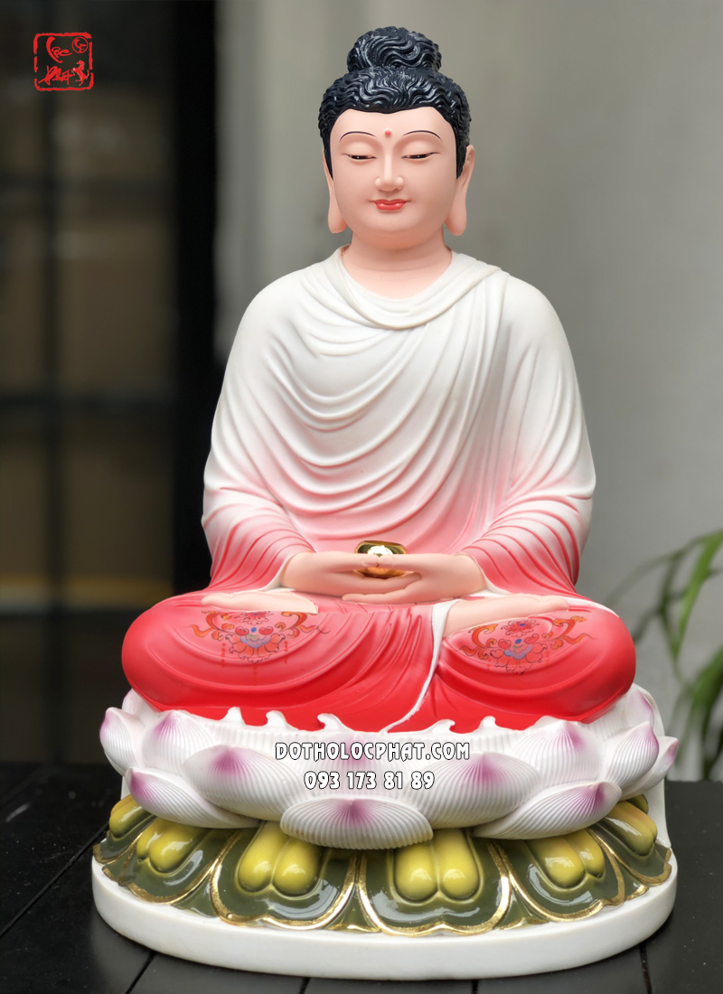 Tượng Phật Bổn Sư Thích Ca Mâu Ni tĩnh tâm áo hồng ngồi đài sen
