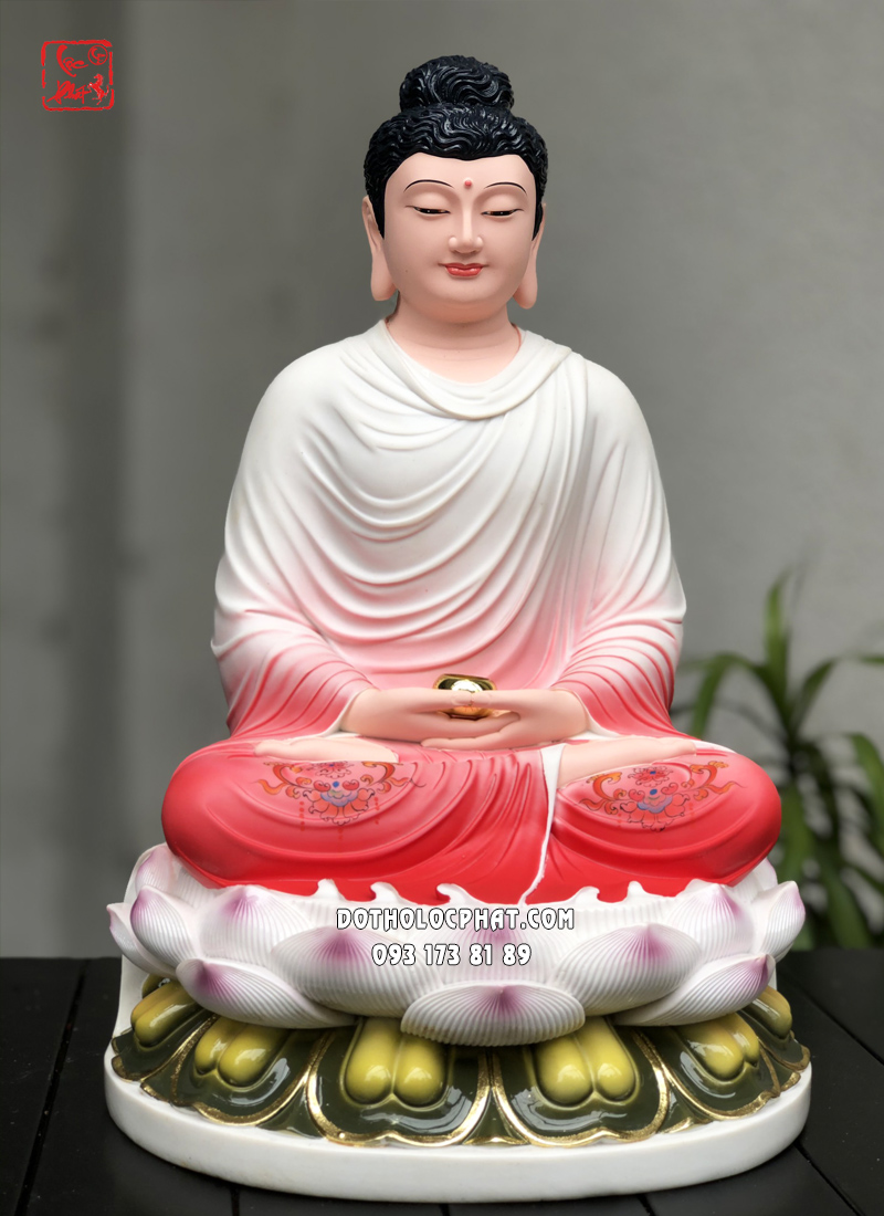 Tượng Phật Bổn Sư Thích Ca Mâu Ni tĩnh tâm áo hồng ngồi đài sen
