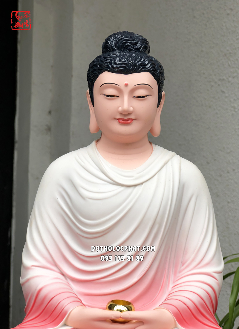 Tượng Phật Bổn Sư Thích Ca Mâu Ni tĩnh tâm áo hồng ngồi đài sen