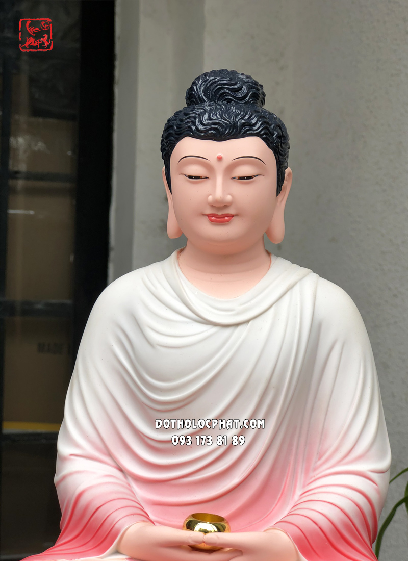Tượng Phật Bổn Sư Thích Ca Mâu Ni tĩnh tâm áo hồng ngồi đài sen