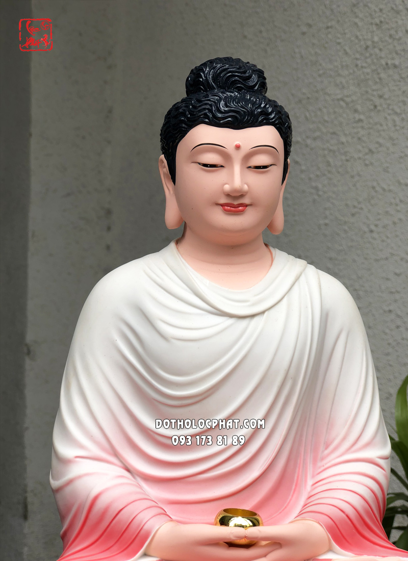 Tượng Phật Bổn Sư Thích Ca Mâu Ni tĩnh tâm áo hồng ngồi đài sen