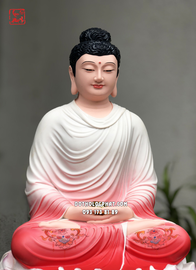 Tượng Phật Bổn Sư Thích Ca Mâu Ni tĩnh tâm áo hồng ngồi đài sen